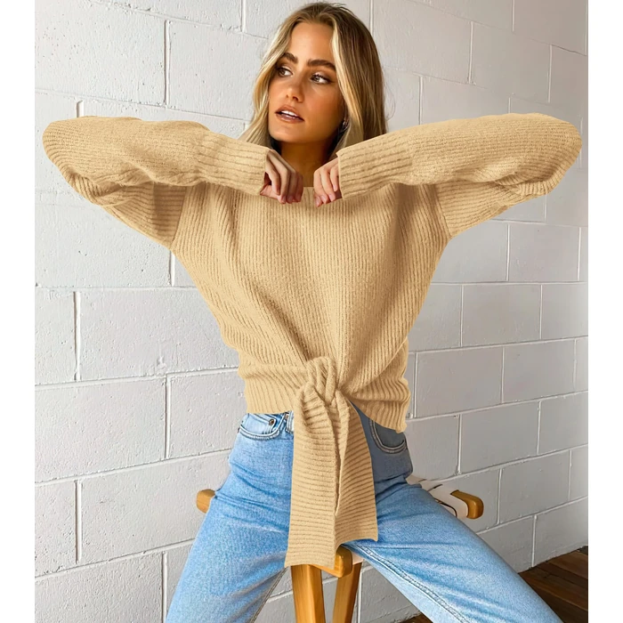 Okiwam Women's Long Sleeve Cropped Sweaters Casual Knit Pullover Tie Front Crew Neck Fall Outfits Spring Fashion Clothes 2026-S Khaki by Okiwam - Image 2