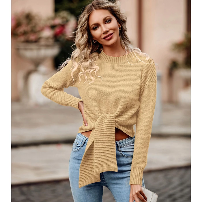 Okiwam Women's Long Sleeve Cropped Sweaters Casual Knit Pullover Tie Front Crew Neck Fall Outfits Spring Fashion Clothes 2026-S Khaki by Okiwam - Image 3