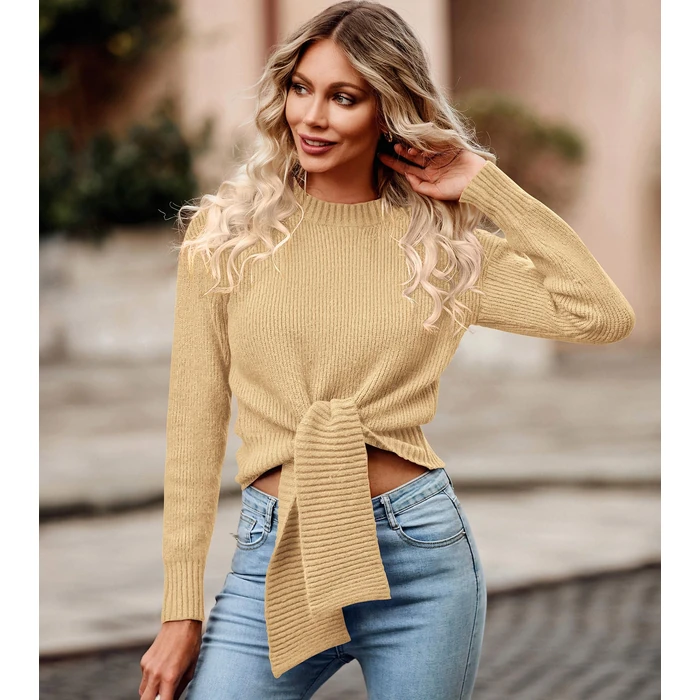Okiwam Women's Long Sleeve Cropped Sweaters Casual Knit Pullover Tie Front Crew Neck Fall Outfits Spring Fashion Clothes 2026-S Khaki by Okiwam - Image 4