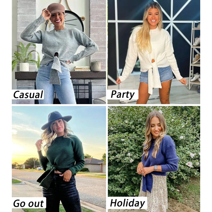 Okiwam Women's Long Sleeve Cropped Sweaters Casual Knit Pullover Tie Front Crew Neck Fall Outfits Spring Fashion Clothes 2026-S Khaki by Okiwam - Image 6