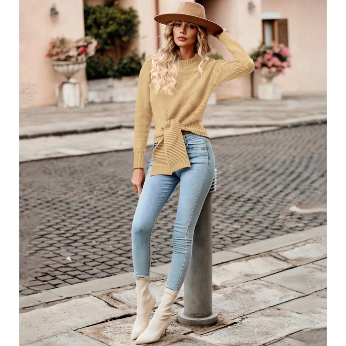 Okiwam Women's Long Sleeve Cropped Sweaters Casual Knit Pullover Tie Front Crew Neck Fall Outfits Spring Fashion Clothes 2026-S Khaki by Okiwam - Image 7