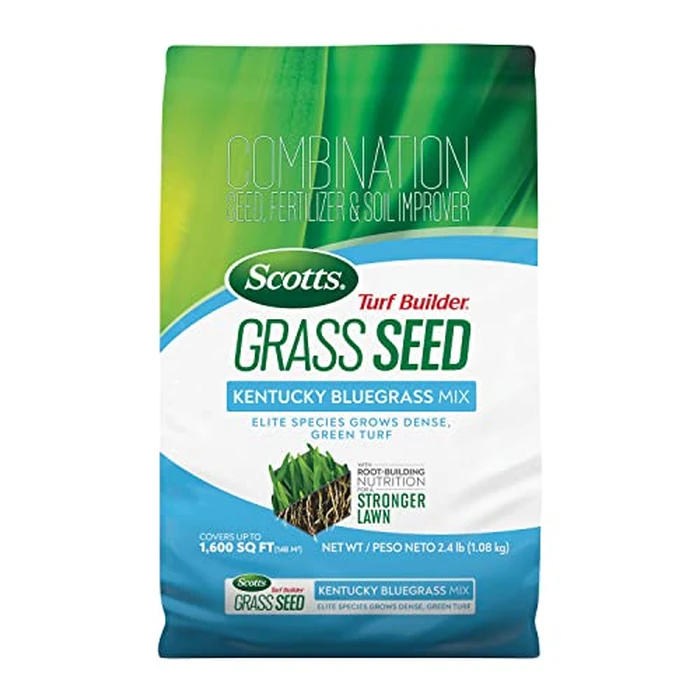 Scotts Turf Builder Grass Seed Kentucky Bluegrass Mix - Grass Seed Plus Lawn Fertilizer and Soil Improver, Grows Dense, Green Turf, Covers Up to 1,600 sq. ft., 2.4 lb. by Scotts - Used - Like New condition - US$18.97
