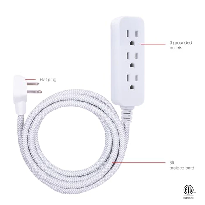 GE 3-Outlet Power Strip Surge Protector 8 Ft Braided Long Cord Extension Cord Surge Protector Power Strip Flat Plug Extension Cord 250 Joules UL Listed White 38433 by GE - Image 2