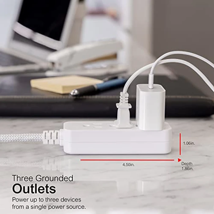 GE 3-Outlet Power Strip Surge Protector 8 Ft Braided Long Cord Extension Cord Surge Protector Power Strip Flat Plug Extension Cord 250 Joules UL Listed White 38433 by GE - Image 3