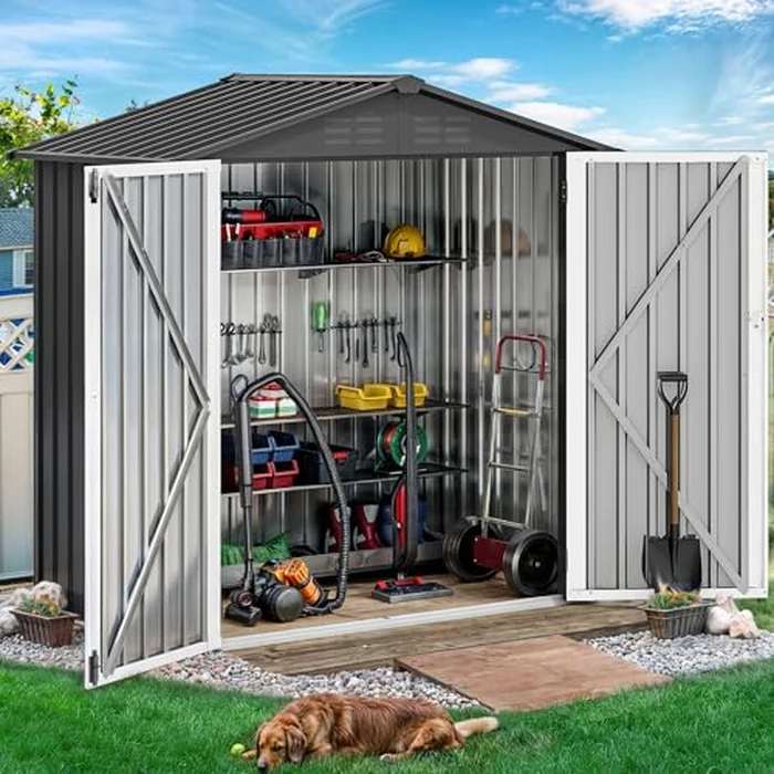 DWVO 6x4ft Tool Storage Shed, Lockable Doors, and Sloped Roof, Steel Outdoor Storage Shed for Garden, Patio, Garage, Backyard, Lawn - Dark Gray by DWVO - Image 2