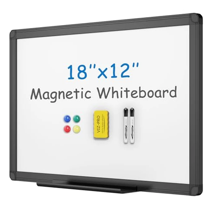 VIZ-PRO Magnetic Whiteboard/Dry Erase Board with Black Aluminium Frame, 18 X 12 Inches, Includes 1 Eraser & 2 Markers & 4 Magnets by VIZ-PRO - Used - Very Good condition - US$18.62
