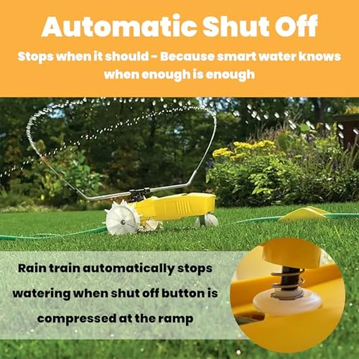Nelson Rain Train 13,500 Square Feet Cast Iron Outdoor Lawn Traveling Water Sprinkler for Yard, and Garden, with Auto Shut Off, Yellow by Nelson - Image 4