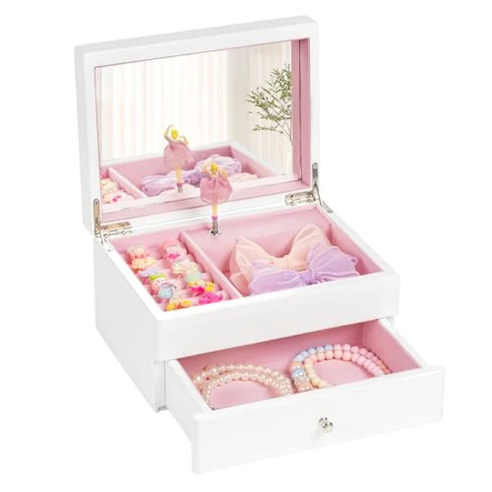 Miratino Music Jewelry Box Gifts for Girls, Wooden Kids Jewelry Boxes & Organizers with Spinning Dancer, Musical Jewelry Storage Gift for Little Girl Toddler Christmas Birthday New Year (White) by Miratino - Image 1