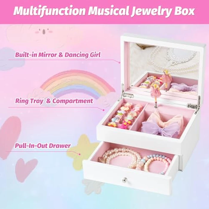 Miratino Music Jewelry Box Gifts for Girls, Wooden Kids Jewelry Boxes & Organizers with Spinning Dancer, Musical Jewelry Storage Gift for Little Girl Toddler Christmas Birthday New Year (White) by Miratino - Image 2