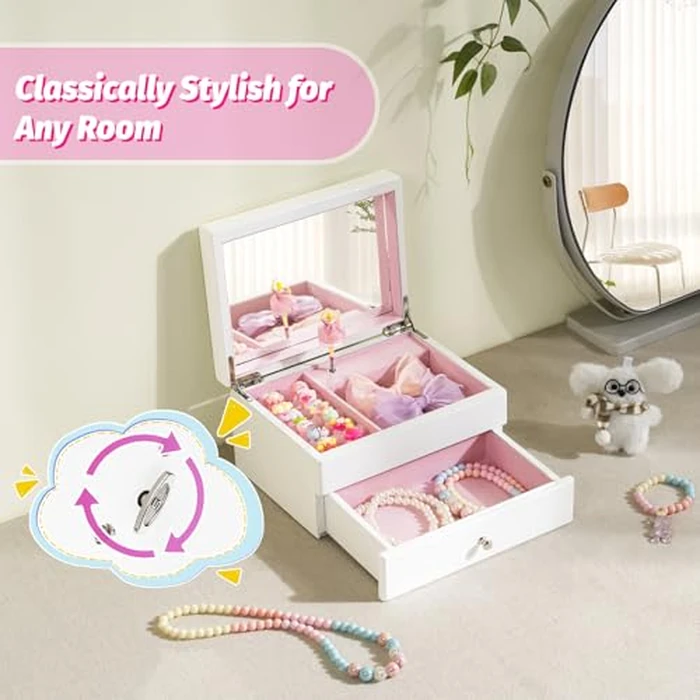 Miratino Music Jewelry Box Gifts for Girls, Wooden Kids Jewelry Boxes & Organizers with Spinning Dancer, Musical Jewelry Storage Gift for Little Girl Toddler Christmas Birthday New Year (White) by Miratino - Image 5