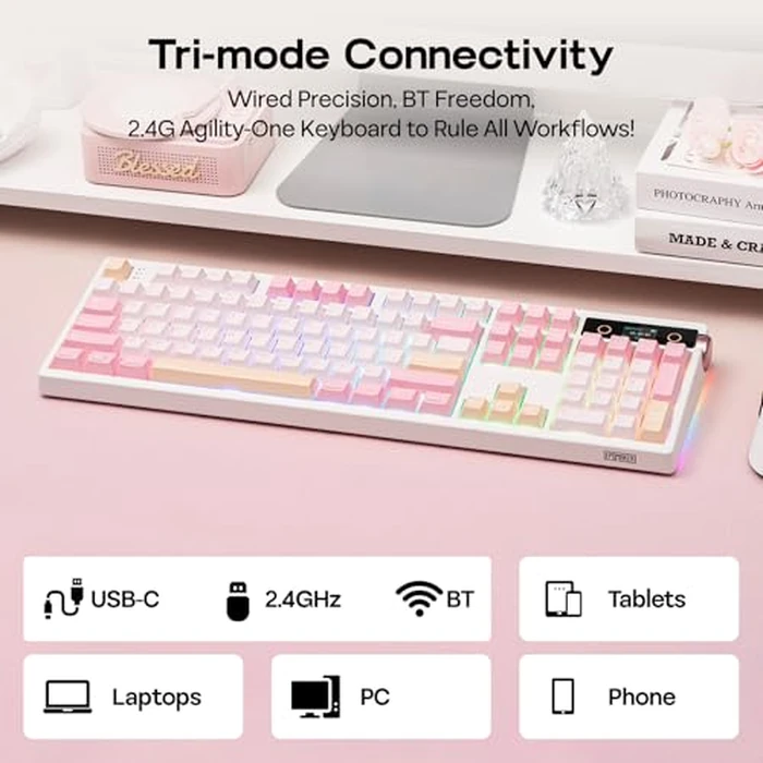 EPOMAKER TH108 PRO Full Size Mechanical Keyboard with Screen & Knob, Wireless Gaming Keyboard with 10000mAh, Creamy Gasket, Hot Swap, Custom Driver, RGB Backlight (Pink, Sea Salt Silent) by EPOMAKER - Image 5