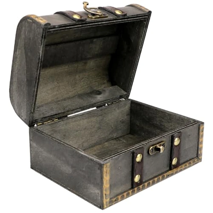 YOLUFER Wooden Vintage Treasure Chest Box with Lock and leather Surface Handmade Wooden Trinket Jewelry Case for Home Decoration (Gray) by YOLUFER - Image 1