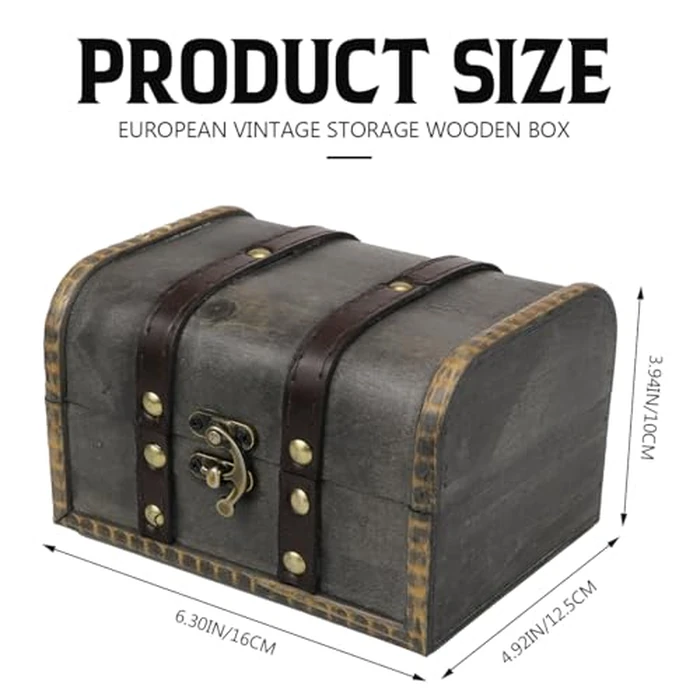 YOLUFER Wooden Vintage Treasure Chest Box with Lock and leather Surface Handmade Wooden Trinket Jewelry Case for Home Decoration (Gray) by YOLUFER - Image 2