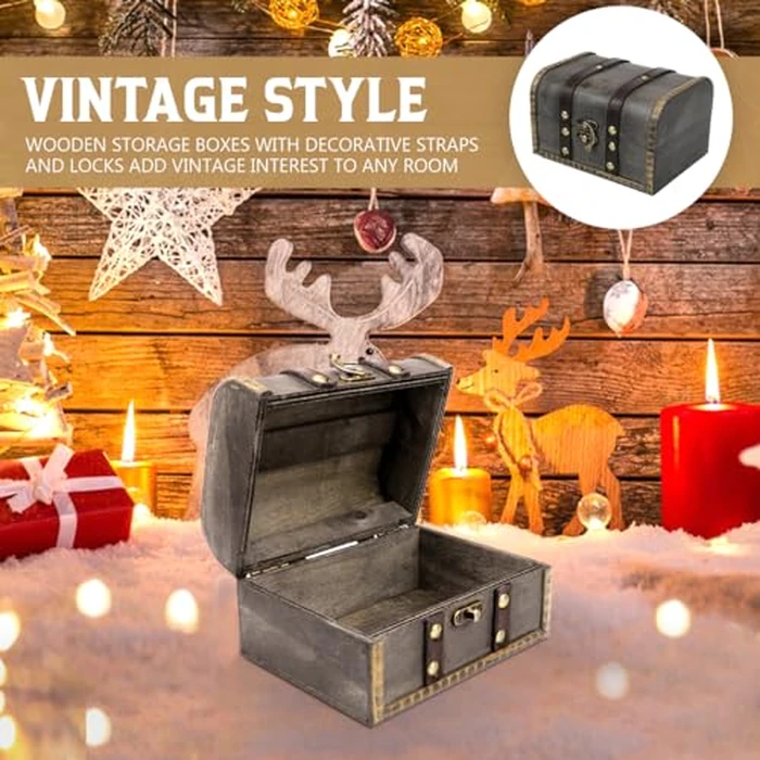 YOLUFER Wooden Vintage Treasure Chest Box with Lock and leather Surface Handmade Wooden Trinket Jewelry Case for Home Decoration (Gray) by YOLUFER - Image 4