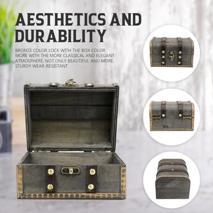 YOLUFER Wooden Vintage Treasure Chest Box with Lock and leather Surface Handmade Wooden Trinket Jewelry Case for Home Decoration (Gray) by YOLUFER - Image 5