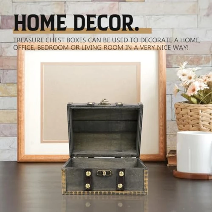 YOLUFER Wooden Vintage Treasure Chest Box with Lock and leather Surface Handmade Wooden Trinket Jewelry Case for Home Decoration (Gray) by YOLUFER - Image 7