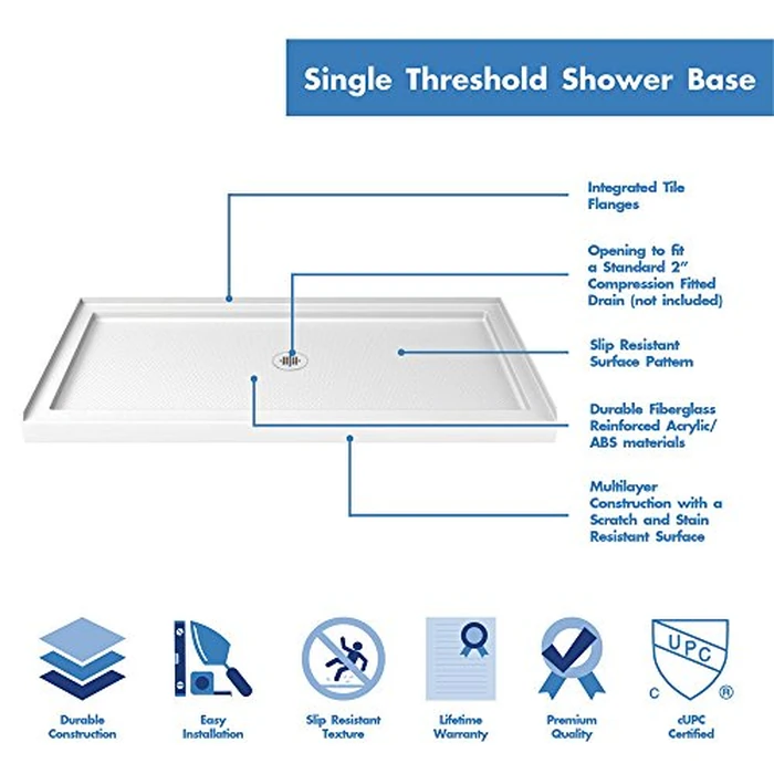 DreamLine SlimLine 34 in. D x 54 in. W x 2 3/4 in. H Center Drain Single Threshold Shower Base in White, DLT-1134540 by DreamLine - Image 3