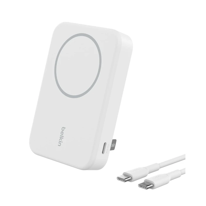 Belkin Portable Charger, Power Bank 10,000mAh w/ Qi2, Portable iPhone Charger - MagSafe Compatible w/Built-in Pop-up Kickstand for iPhone 16, 15, 14, 13, Plus, Pro, Pro Max, and More - White by Belkin - Image 1