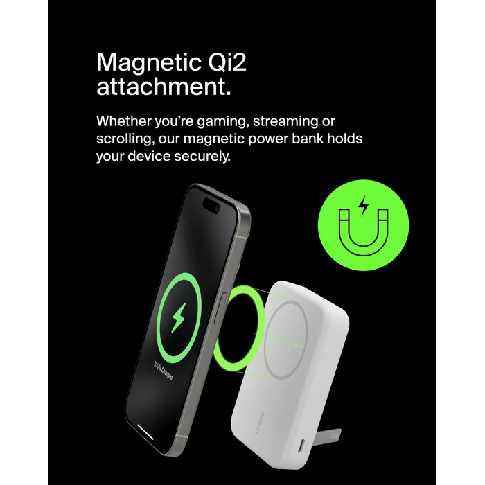 Belkin Portable Charger, Power Bank 10,000mAh w/ Qi2, Portable iPhone Charger - MagSafe Compatible w/Built-in Pop-up Kickstand for iPhone 16, 15, 14, 13, Plus, Pro, Pro Max, and More - White by Belkin - Image 9
