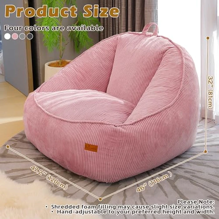 UODERS Bean Bag Chair for Adults & Kids, Giant Plush Corduroy Beanbag Sofa with Filling, Comfy Chairs with Handle for Living Room, Bedroom, Reading & Gaming(L-Pink) by UODERS - Image 2