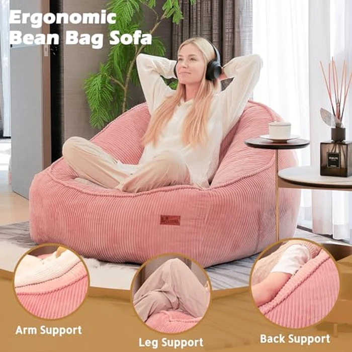 UODERS Bean Bag Chair for Adults & Kids, Giant Plush Corduroy Beanbag Sofa with Filling, Comfy Chairs with Handle for Living Room, Bedroom, Reading & Gaming(L-Pink) by UODERS - Image 3