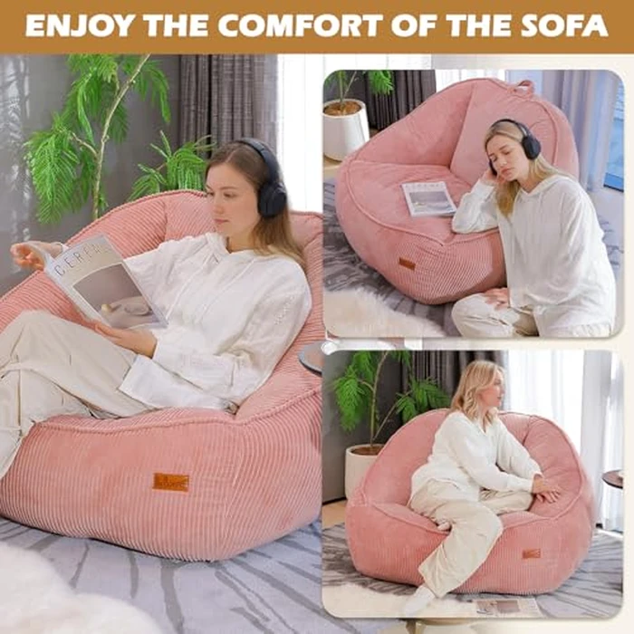 UODERS Bean Bag Chair for Adults & Kids, Giant Plush Corduroy Beanbag Sofa with Filling, Comfy Chairs with Handle for Living Room, Bedroom, Reading & Gaming(L-Pink) by UODERS - Image 6