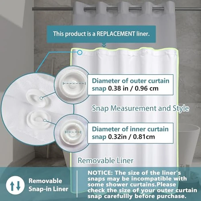 1 Pack Hotel Fabric Snap in Shower Curtain Liner Replacement Removable Water Repellent Liner for Bathroom Shower Curtain Liner 35W X 54H(35Wx54H (for 36(W) x74(H) Shower Curtain)) by Conbo Mio - Image 3