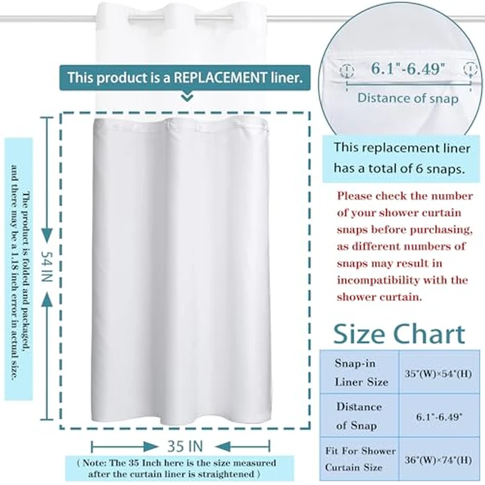 1 Pack Hotel Fabric Snap in Shower Curtain Liner Replacement Removable Water Repellent Liner for Bathroom Shower Curtain Liner 35W X 54H(35Wx54H (for 36(W) x74(H) Shower Curtain)) by Conbo Mio - Image 6