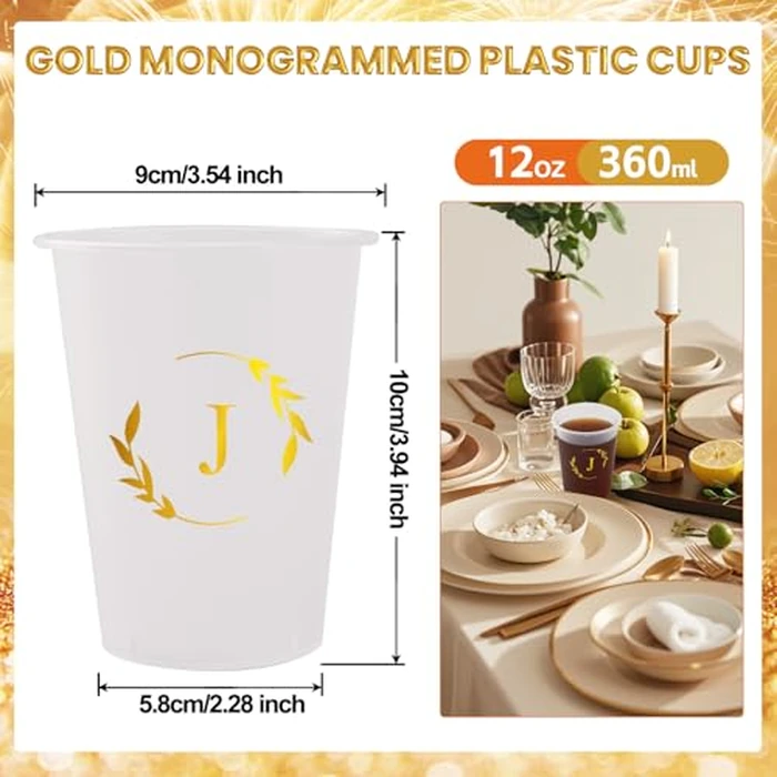 Lingringdcy 100 Monogrammed Cups Disposable Initial Plastic Cup 12 oz Wedding Personalized Cup for Wedding Reception Baby Shower Birthday Party(Letter J) by Lingringdcy - Image 2
