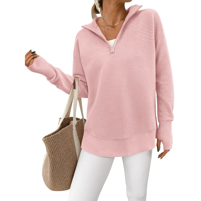 PRETTYGARDEN Womens Long Sleeve Quarter Zip Pullover Sweater Casual Loose V Neck Collared Ribbed Knit Jumper Tops Thumb Hole(Pink,X-Large) by PRETTYGARDEN - Used - Like New condition - US$32.21