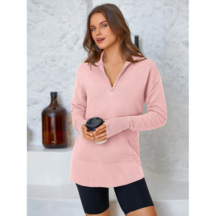 PRETTYGARDEN Womens Long Sleeve Quarter Zip Pullover Sweater Casual Loose V Neck Collared Ribbed Knit Jumper Tops Thumb Hole(Pink,X-Large) by PRETTYGARDEN - Image 3
