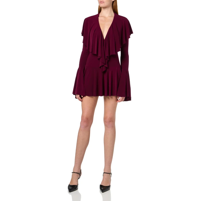 Long Sleeve DEEP V Ruffle MINI Dress, Plum, XS by Norma Kamali - Used - Like New condition - US$237.50