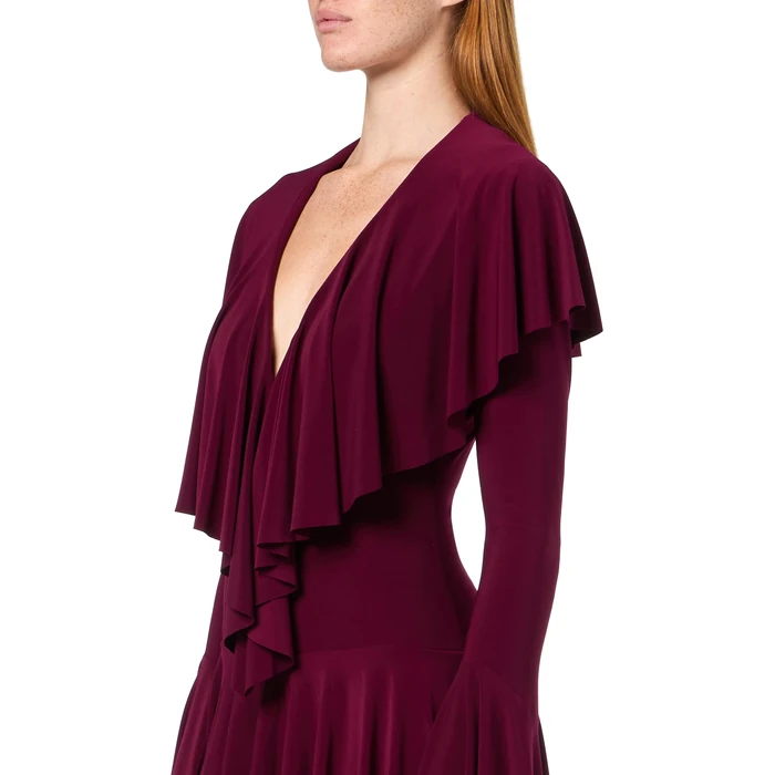 Long Sleeve DEEP V Ruffle MINI Dress, Plum, XS by Norma Kamali - Image 3