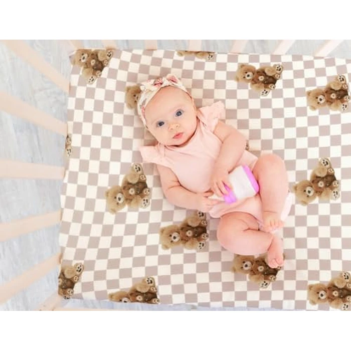 Fitted Baby Neutral Pack N Play Sheets Mini Crib Sheets Bear and Buffalo Check Plaid Breathable Unisex Baby Sheet Set for Boys or Girls by FIGEPO - Image 3