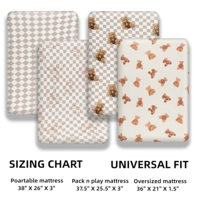 Fitted Baby Neutral Pack N Play Sheets Mini Crib Sheets Bear and Buffalo Check Plaid Breathable Unisex Baby Sheet Set for Boys or Girls by FIGEPO - Image 7