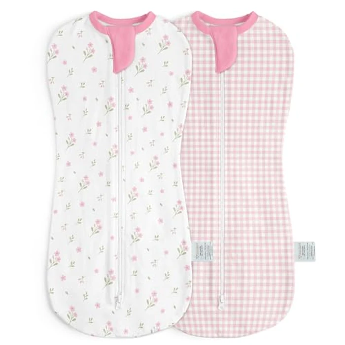 Baby Swaddle 0-2 Months, Cotton Arm-In Zipper Sleep Sack, Wearable Blankets Wrap for Newborn Infant Girls (Floral, Checkered, Pack of 2) by SANDJEST - Used - Like New condition - US$24.31