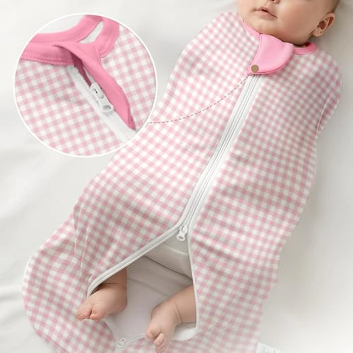 Baby Swaddle 0-2 Months, Cotton Arm-In Zipper Sleep Sack, Wearable Blankets Wrap for Newborn Infant Girls (Floral, Checkered, Pack of 2) by SANDJEST - Image 6