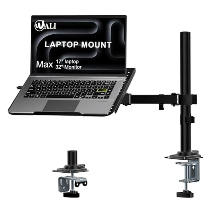 WALI Laptop Desk Mount for 17 inch Notebook, Adjustable Single Monitor Arm with Laptop Holder for 32 inch Screen, Laptops Stand with Ventilated Tray, Up to 22 lbs, (M00LP), Black by WALI - Used - Very Good condition - US$25.61