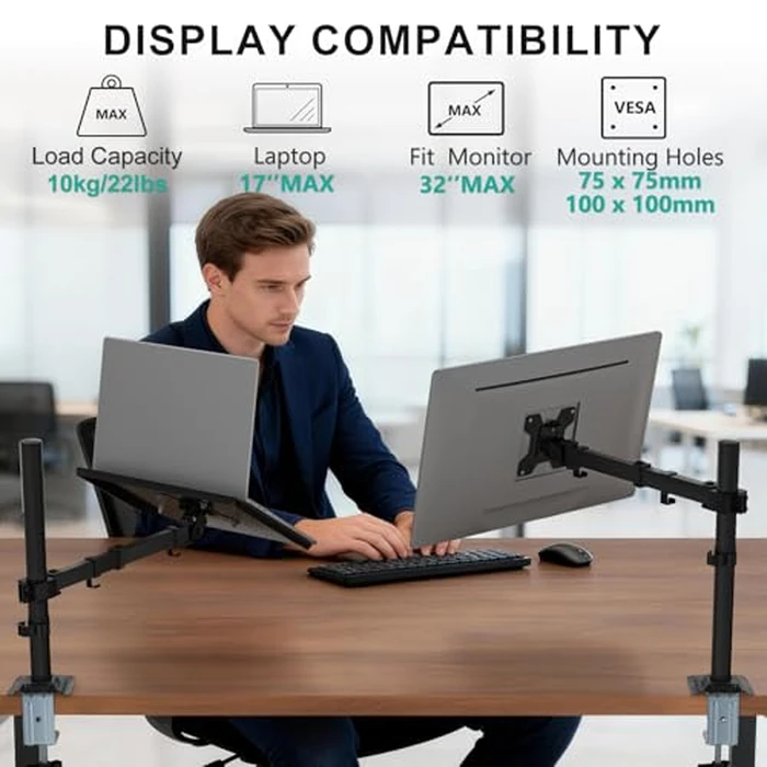 WALI Laptop Desk Mount for 17 inch Notebook, Adjustable Single Monitor Arm with Laptop Holder for 32 inch Screen, Laptops Stand with Ventilated Tray, Up to 22 lbs, (M00LP), Black by WALI - Image 2