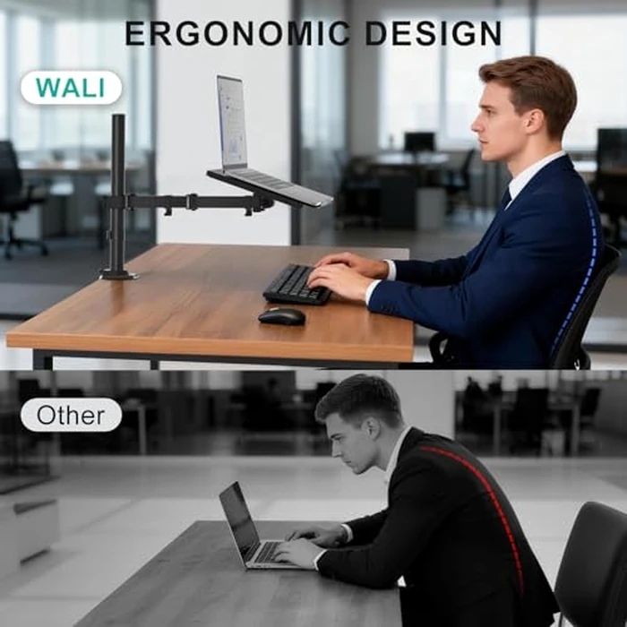 WALI Laptop Desk Mount for 17 inch Notebook, Adjustable Single Monitor Arm with Laptop Holder for 32 inch Screen, Laptops Stand with Ventilated Tray, Up to 22 lbs, (M00LP), Black by WALI - Image 6