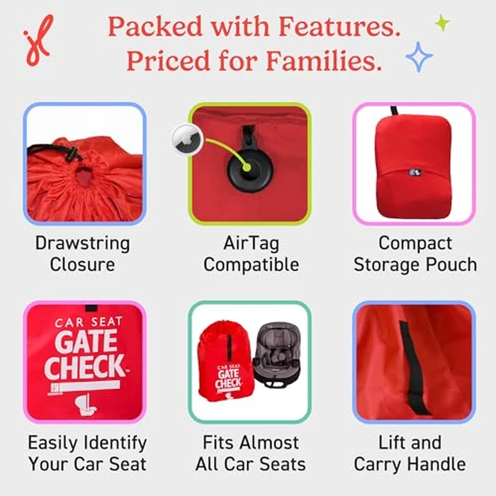 J.L. Childress Gate Check Travel Bag for Car Seats - Car Seat Travel Bag for Airplane, Fits All Baby & Infant Carriers, Airport Accessories for Gate Check, Flying Essentials, AirTag Compatible - Red by J.L. Childress - Image 7