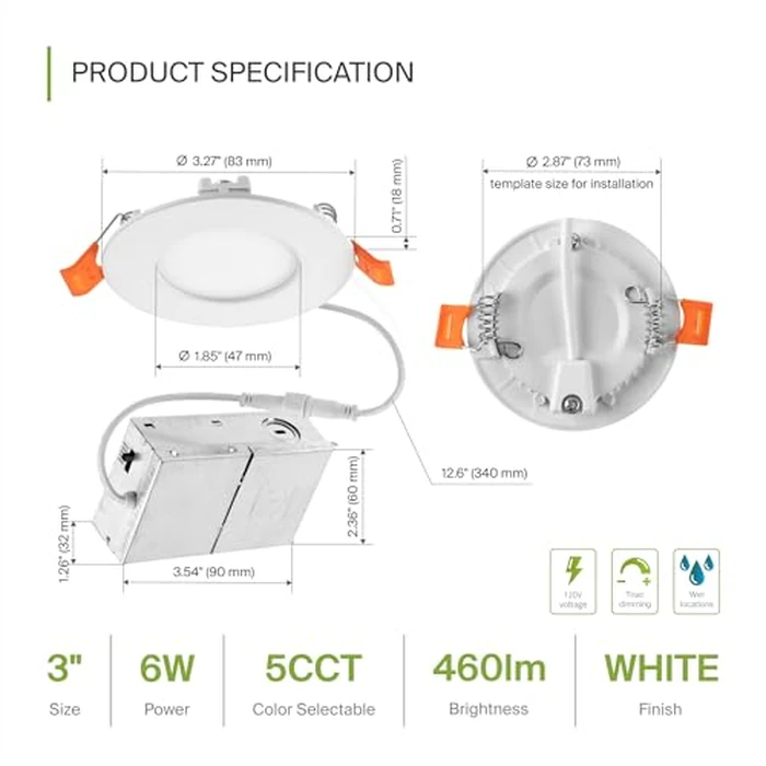 ASD 12 Pack 3 Inch LED Recessed Light 6W, 5 CCT 2700K-5000K CRI90+, IC Rated Ultra Thin Dimmable Ceiling Lights with J Box, Canless Wafer Downlight, Round Slim Panel Lighting, UL Energy Star, White by ASD - Image 2