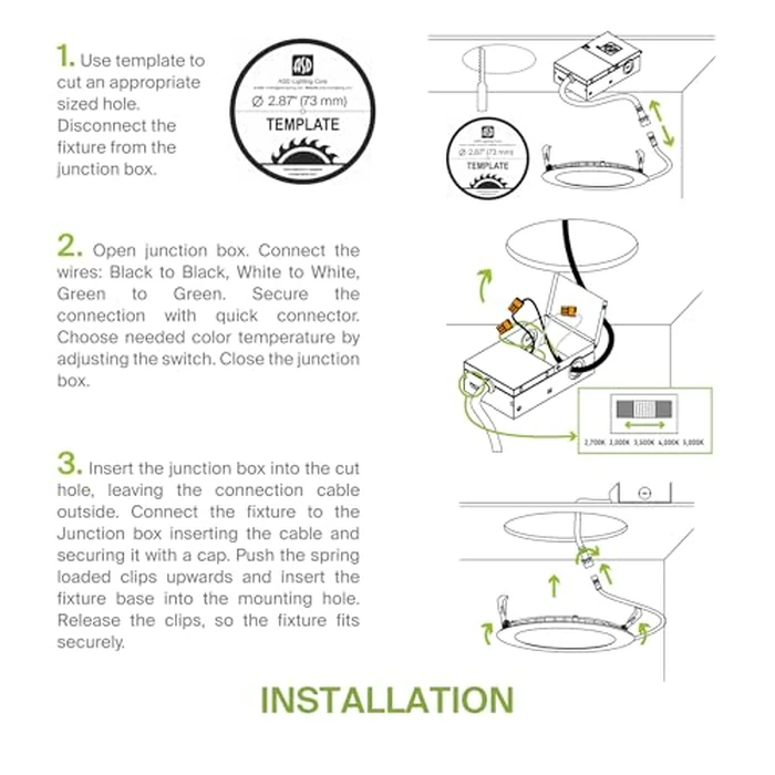 ASD 12 Pack 3 Inch LED Recessed Light 6W, 5 CCT 2700K-5000K CRI90+, IC Rated Ultra Thin Dimmable Ceiling Lights with J Box, Canless Wafer Downlight, Round Slim Panel Lighting, UL Energy Star, White by ASD - Image 8