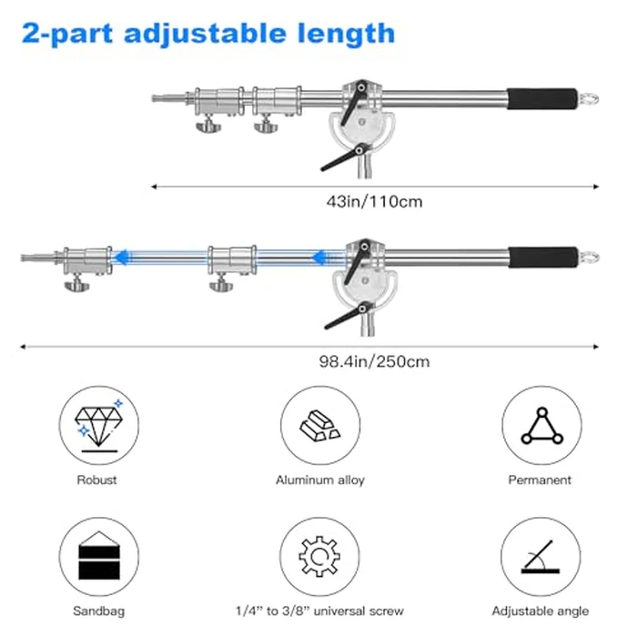 Heavy Duty Extension Boom Arm Bar for Photography C Stand and Light Stand,Adjustable 3.6-8.2ft Crossbar Holding Arm with Sand Bag for Softbox,Studio Strobe,Monolight,LED Video Light,Reflector ect. by soonpho - Image 3