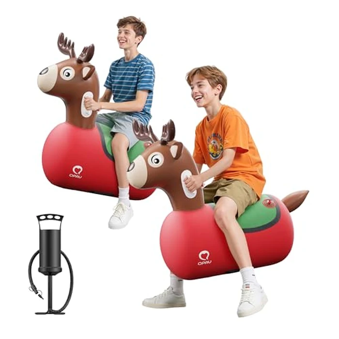 QPAU 2 Pack Large Inflatable Reindeer Hopper Bouncy Toy, 250lbs High Capacity Ride-on Animal for Kids & Adults, Soft Fabric Cover & Pump, Durable Puncture-Resistant Bouncer for Family Party Gift by QPAU - Used - Like New condition - US$34.17