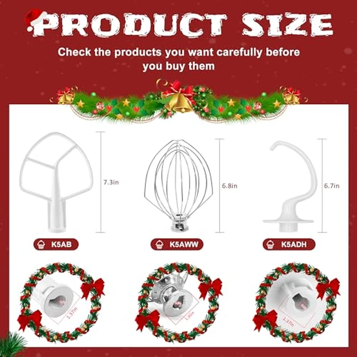 Kitchen Mixers Accessories 3-Piece Including K5AB Coated Flat Beater&K5ADH Dough Hook for Kitchen Stand Mixer&K5AWW Wire Whip for k-i-t-c-h-e-n-a-i-d k5a Tilt-Head Stand Mixer Attachments MIFLUS by Sikawai - Image 2