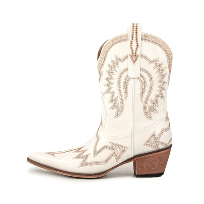 Emfnzd Women's Embroidered Cowgirl Boots Calf Thick Heels Pointed Head Country Music Festival Vintage Western Metal Cowboy Ankle Boot White11 by Emfnzd - Image 1