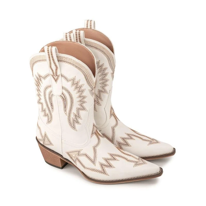 Emfnzd Women's Embroidered Cowgirl Boots Calf Thick Heels Pointed Head Country Music Festival Vintage Western Metal Cowboy Ankle Boot White11 by Emfnzd - Image 6