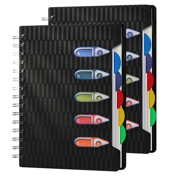 CAGIE 5 Subject Notebook with Dividers 2 Pack, 240 Pages Spiral Notebook 5x7, Small Spiral Notebook College Ruled,100gsm Lined Journal Notebooks with Tabs for Work, School,Office, Note Taking, Black by CAGIE - Used - Like New condition - US$15.63