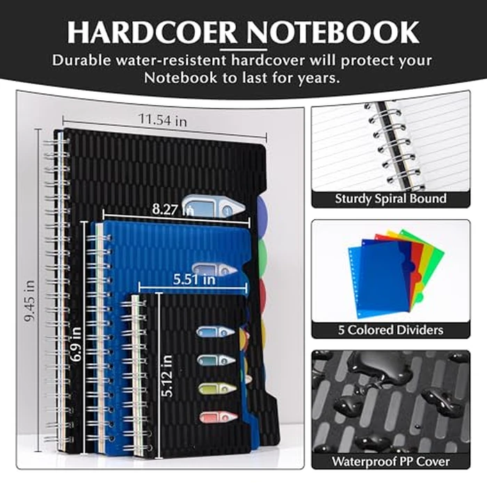CAGIE 5 Subject Notebook with Dividers 2 Pack, 240 Pages Spiral Notebook 5x7, Small Spiral Notebook College Ruled,100gsm Lined Journal Notebooks with Tabs for Work, School,Office, Note Taking, Black by CAGIE - Image 5